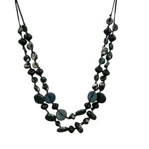 Layered Blue Black Beaded Button Necklace Unique Statement Jewelry 20 Inches